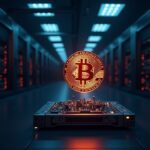 Granja minera de bitcoins en un centro de datos, racks de GPUs de IA y BTC holográfico cerca de 103k.