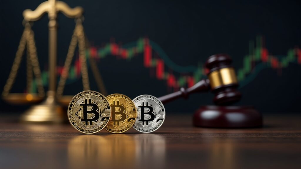 Bitcoin, oro y plata sobre gráfico con soportes débiles; mazo de juez y balanzas al fondo.