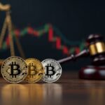 Bitcoin, oro y plata sobre gráfico con soportes débiles; mazo de juez y balanzas al fondo.