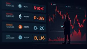 Panel fotorealista del mercado cripto con BTC/ETH cayendo y un inversor ante métricas rojas, señal de riesgo macro.