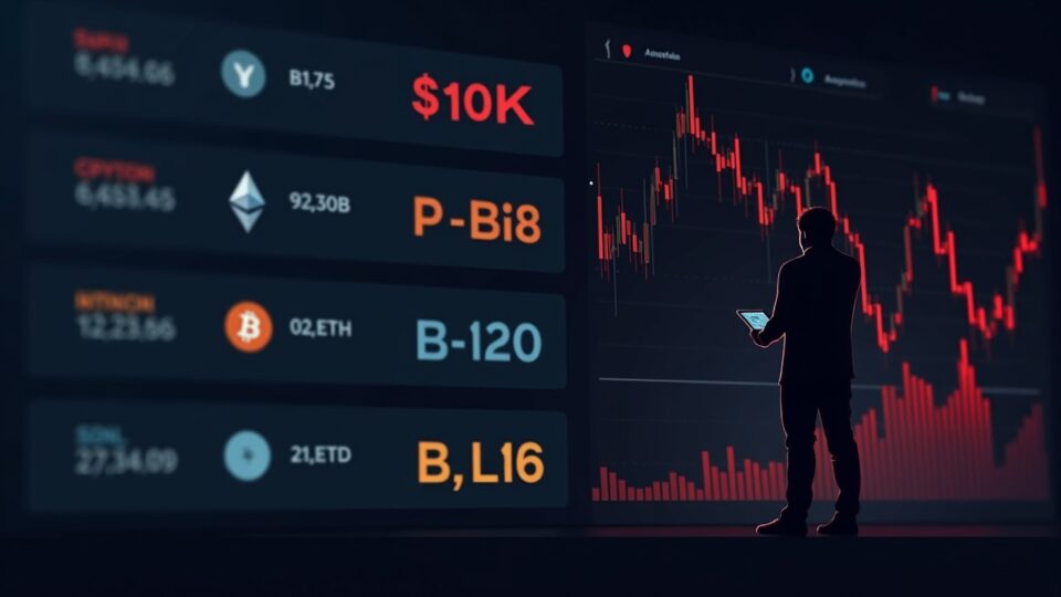 Panel fotorealista del mercado cripto con BTC/ETH cayendo y un inversor ante métricas rojas, señal de riesgo macro.