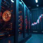 Rig de minería de Bitcoin en centro de datos moderno, gráfico bursátil al alza y BTC a la baja, financiación institucional.