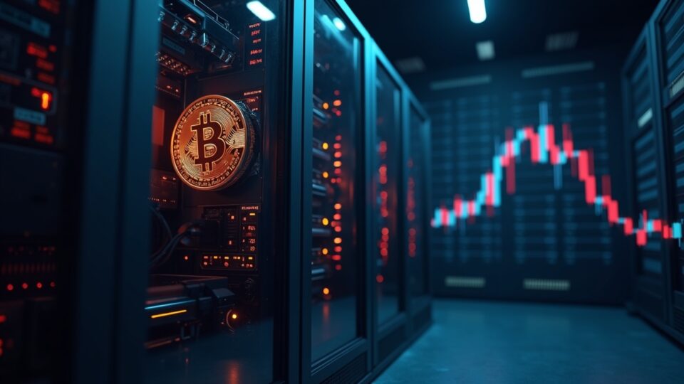 Rig de minería de Bitcoin en centro de datos moderno, gráfico bursátil al alza y BTC a la baja, financiación institucional.
