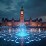Escena fotorrealista del Parlamento canadiense, reservas 1:1 holográficas y stablecoins bajo supervisión del Banco de Canadá.