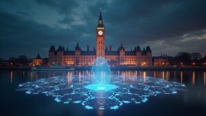Escena fotorrealista del Parlamento canadiense, reservas 1:1 holográficas y stablecoins bajo supervisión del Banco de Canadá.