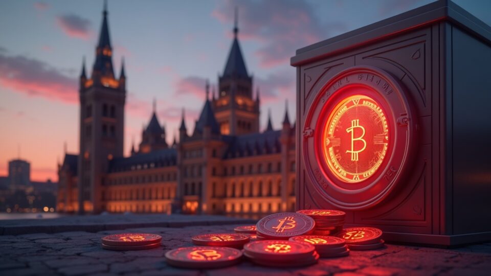 fachada del parlamento de canada al atardecer, stablecoins digitales sobre bóveda del banco de canada, brillo fintech en rojo y blanco.