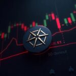 Logo realista de Cardano (ADA) sobre un gráfico de precios con soporte crítico en 0,50 y una línea roja de alerta.