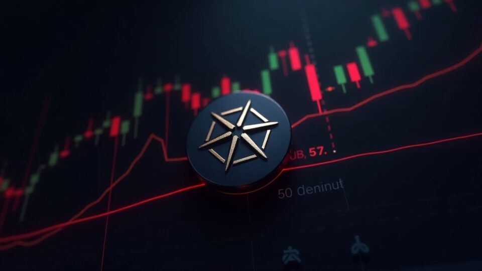 Logo realista de Cardano (ADA) sobre un gráfico de precios con soporte crítico en 0,50 y una línea roja de alerta.