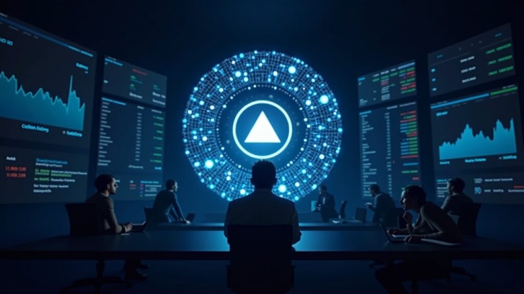 Header fotorealista con símbolo ADA de Cardano, pantallas Nasdaq y silueta de inversor, sugiriendo adopción institucional.