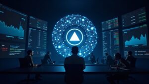 Header fotorealista con símbolo ADA de Cardano, pantallas Nasdaq y silueta de inversor, sugiriendo adopción institucional.