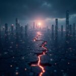 Cardano blockchain cityscape split by a digital fault line, AI transaction glow, with an FBI silhouette in the background
