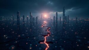 Cardano blockchain cityscape split by a digital fault line, AI transaction glow, with an FBI silhouette in the background