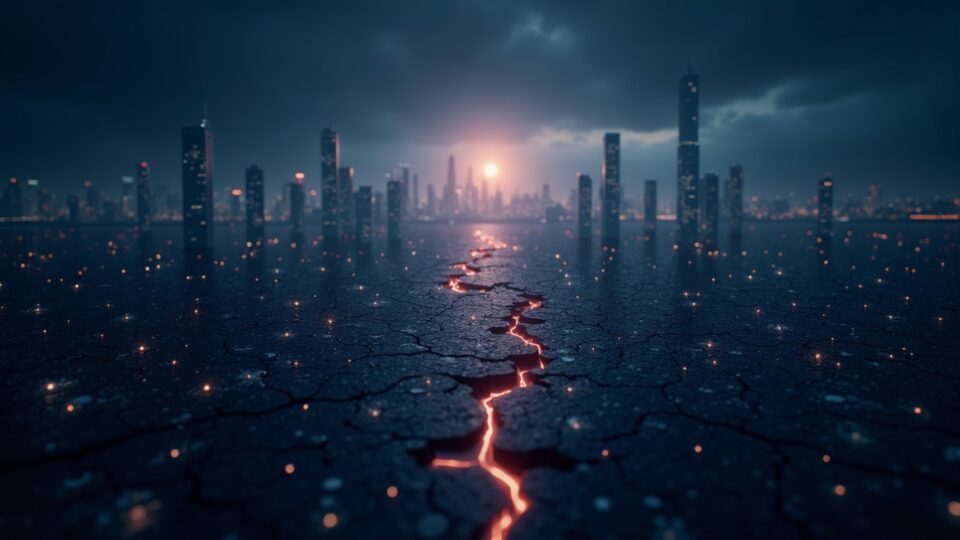 Cardano blockchain cityscape split by a digital fault line, AI transaction glow, with an FBI silhouette in the background