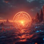 Logo de Cardano sobre un gráfico de precios, con flujos on-chain y billeteras ballena ante un amanecer.