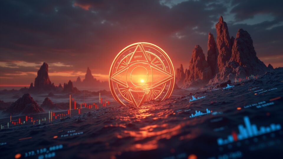 Logo de Cardano sobre un gráfico de precios, con flujos on-chain y billeteras ballena ante un amanecer.