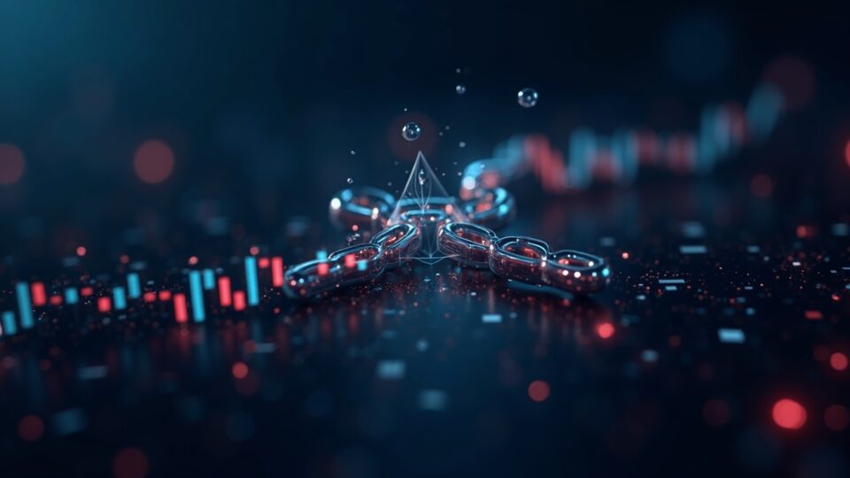 Logo fotorealista de Cardano dividido en dos cadenas sobre un gráfico de precios, resplandor FBI, estilo newsroom.