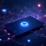 Logo de Cardano en una tarjeta cripto futurista, ciudad neón, blockchain flotante y gráfico de mercado con señales mixtas
