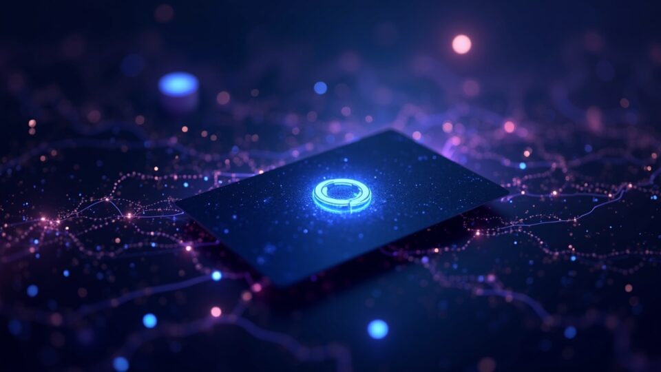 Logo de Cardano en una tarjeta cripto futurista, ciudad neón, blockchain flotante y gráfico de mercado con señales mixtas