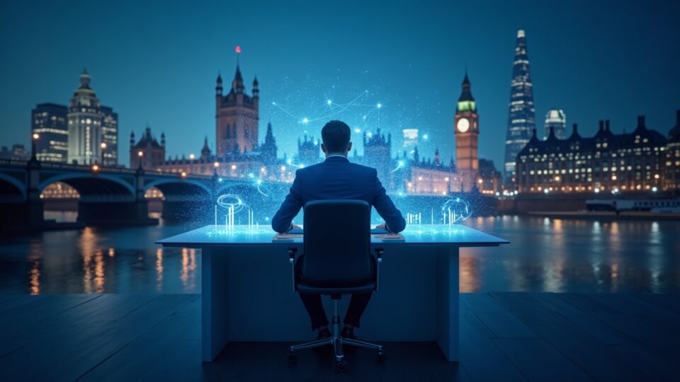 Figura fotorrealista en un escritorio con flujos de datos holográficos de CARF y el skyline de Londres, simbolizando la regulación fiscal de criptomonedas.