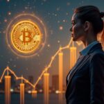 Analista financiera concentrada con un traje elegante junto a un Bitcoin holográfico y gráficos ascendentes frente a un horizonte futurista.