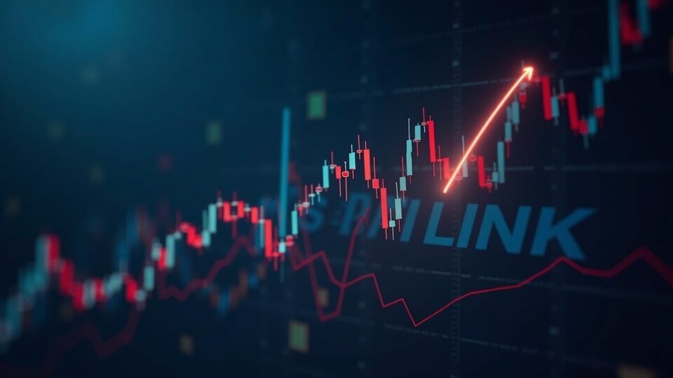Escena de trading realista: caída de LINK, gráfico rompe soporte clave; noticias UBS-FTSE y logo de Chainlink en el fondo.