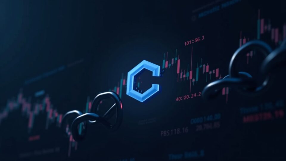 Logotipo de Chainlink sobre un gráfico de precios que rompe 14,50, con señales de compra institucional.