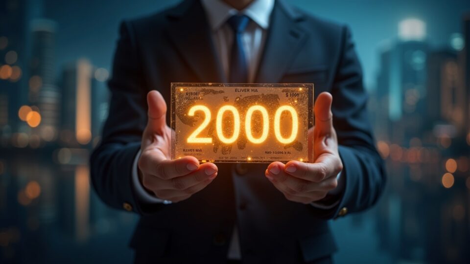 Figura central fotorealista con un cheque de 2000 dólares fusionado al símbolo de Bitcoin, fondo urbano fintech.