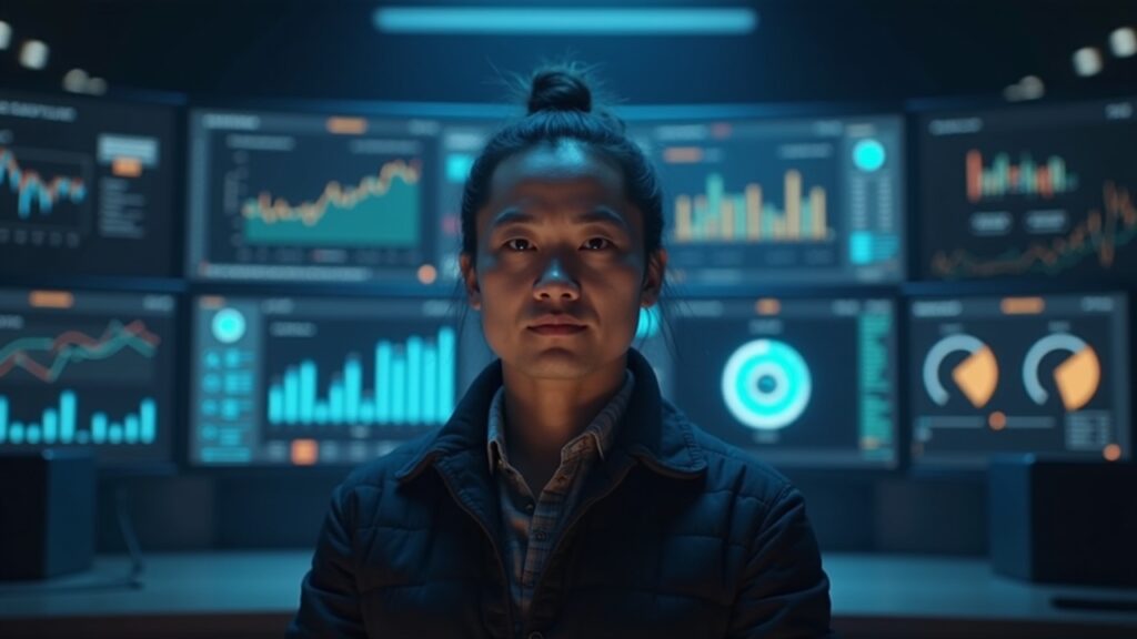 Chi Tsang frente a la sede de BitMine Immersion, con paneles de tesorería ETH y el logo de Ethereum de fondo.