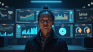 Chi Tsang frente a la sede de BitMine Immersion, con paneles de tesorería ETH y el logo de Ethereum de fondo.