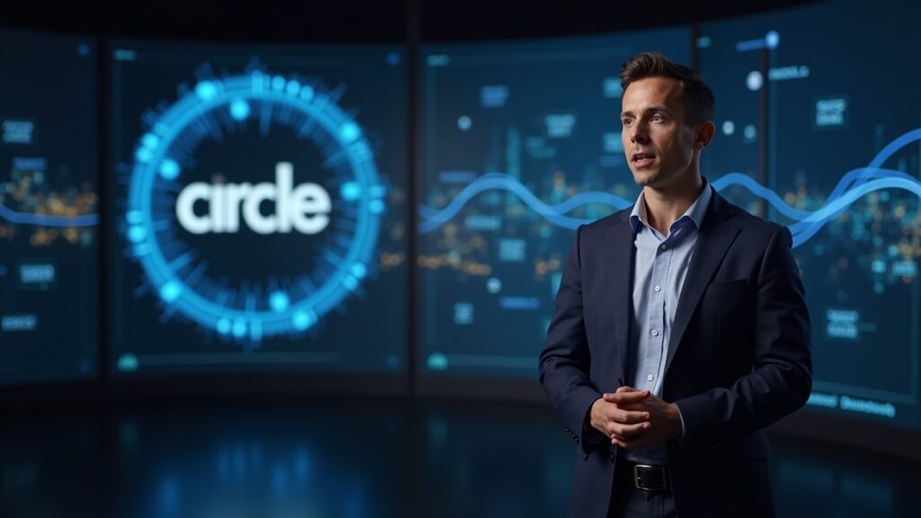 Ejecutivo de Circle en primer plano en una redacción, fondo con el logo de Arc y líneas luminosas que representan USDC como gas.