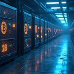 Planta minera fotorealista con torres de enfriamiento y símbolos de Bitcoin, proyección 2026 y enfoque en liquidez de CleanSpark y AI/HPC.