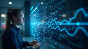 Ejecutivo fintech en una redacción junto a un libro mayor holográfico de CT Settle y flujo DvP, con señalética regulatoria británica.