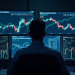 Trader en sala de noticias observa futuros micro de CME en varias pantallas ante volatilidad.
