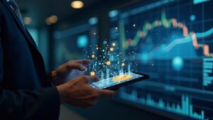 Funcionario del banco central sostiene una tableta con Bitcoin, en un moderno piso de trading con visuales de blockchain.