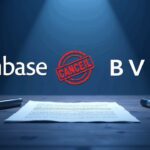 Logotipos de Coinbase y BVNK ante una marca roja de cancelación sobre un contrato, fondo fintech de pagos en criptomonedas.