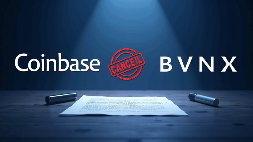 Logotipos de Coinbase y BVNK ante una marca roja de cancelación sobre un contrato, fondo fintech de pagos en criptomonedas.