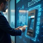 Oficial de cumplimiento en traje opera un cajero Bitcoin con efectivo, superposición de blockchain y sellos regulatorios.