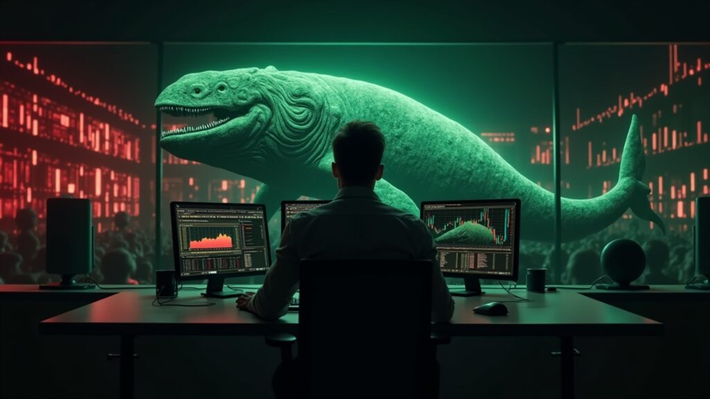 Ballena de Bitcoin descomunal en una mesa de trading; pantallas con mapas de miedo rojos y un brillo verde que indica acumulación.
