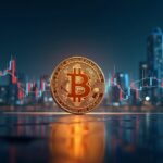 Bitcoin central, gráfico descendente, barrera de vidrio entre torres institucionales y símbolos descentralizados, periodístico