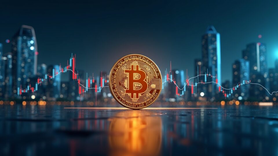 Bitcoin central, gráfico descendente, barrera de vidrio entre torres institucionales y símbolos descentralizados, periodístico