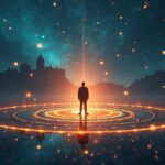 Figura central ante un pool DeFi iluminado, tokens inactivos, nodos de red y una jaula regulatoria difusa al fondo