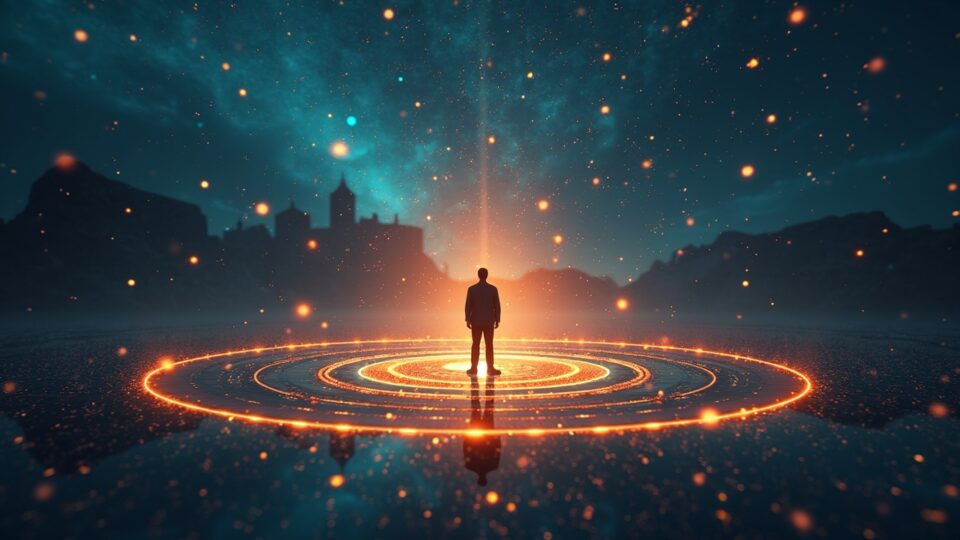 Figura central ante un pool DeFi iluminado, tokens inactivos, nodos de red y una jaula regulatoria difusa al fondo