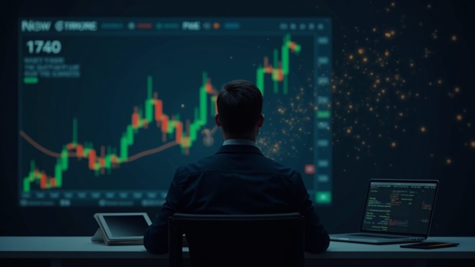 Trader en sala de noticias observa gráfico de Bitcoin con cruce de la muerte; caída roja y posibles recuperaciones.