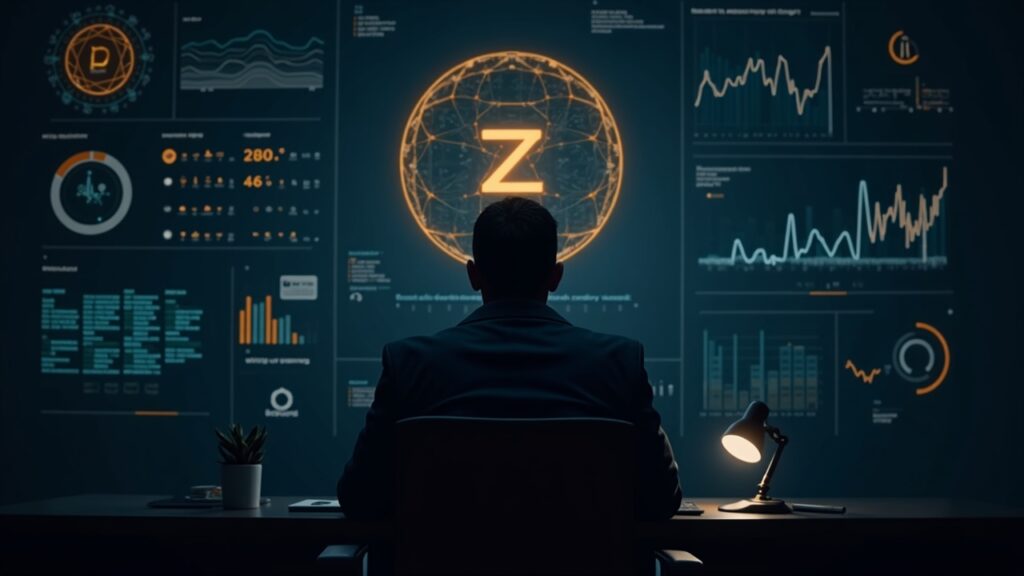 Inversionista cypherpunk frente a escritorio, logo de Zcash iluminado y gráficos de privacidad.