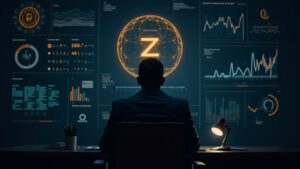 Inversionista cypherpunk frente a escritorio, logo de Zcash iluminado y gráficos de privacidad.