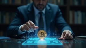 Senior central-bank official examines a holographic ledger displaying Bitcoin, a USD token, and a tokenized deposit.