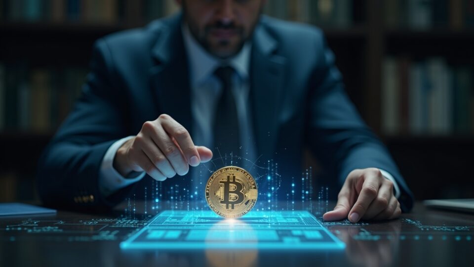 Senior central-bank official examines a holographic ledger displaying Bitcoin, a USD token, and a tokenized deposit.