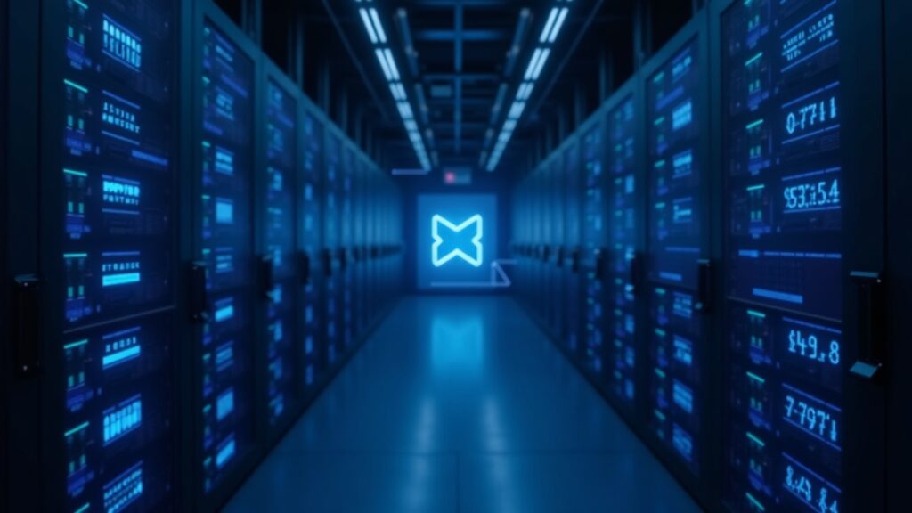 Photorealistic data center with blue server racks, dim lights, paused derivatives price chart, and subtle blockchain motif.