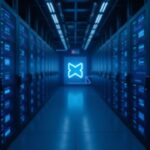 Photorealistic data center with blue server racks, dim lights, paused derivatives price chart, and subtle blockchain motif.