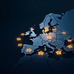 Mesa de trading con stablecoins en euros orbitando un mapa de Europa, liquidación en tiempo real y activos tokenizados.